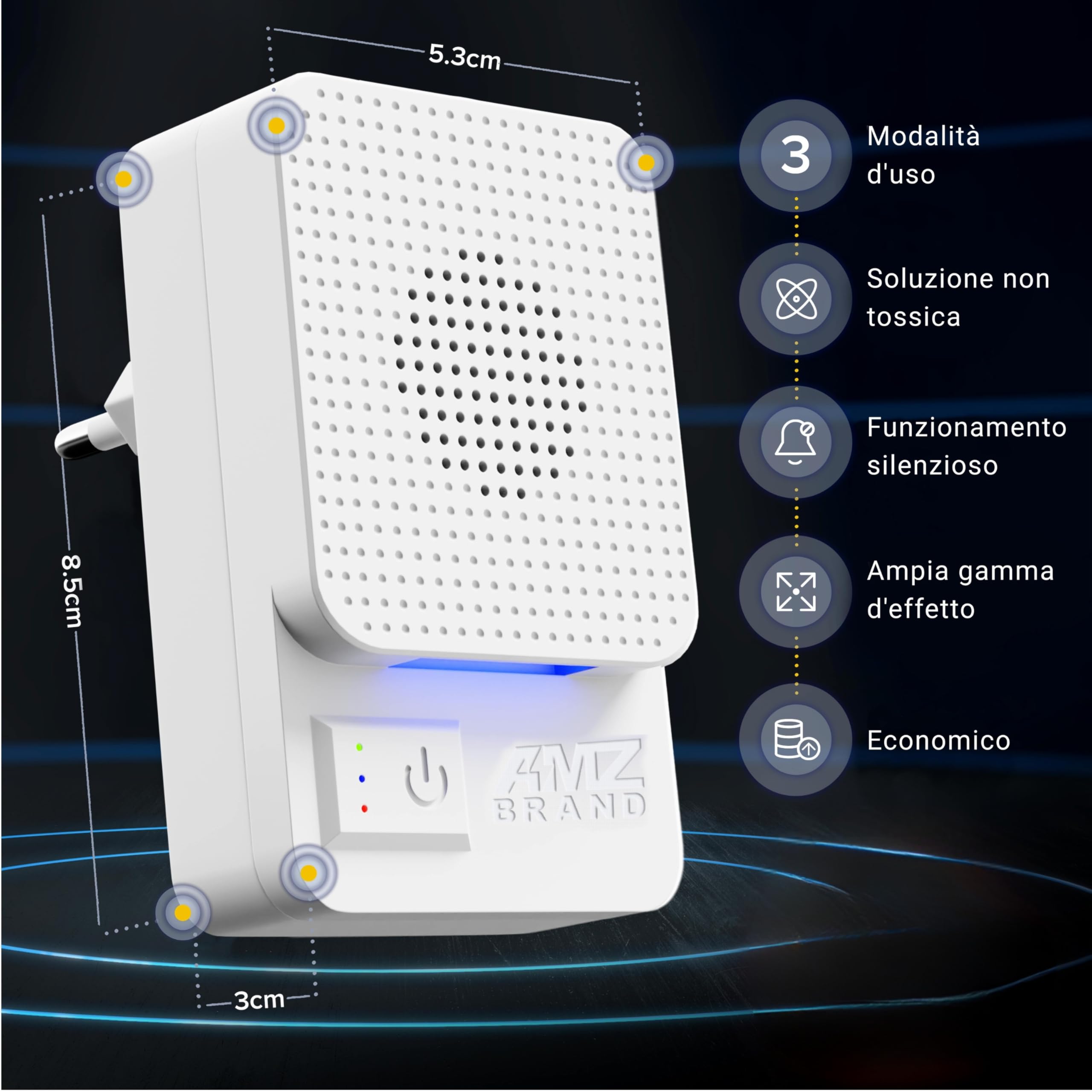 Repellente Ultrasuoni – Confezione da 2 Bianco – Dispositivo Elettronico Antiparassitario – 3 Modalità – Copertura Ampia – Contro Topi, Ratti, Insetti, Scarafaggi e Tarme