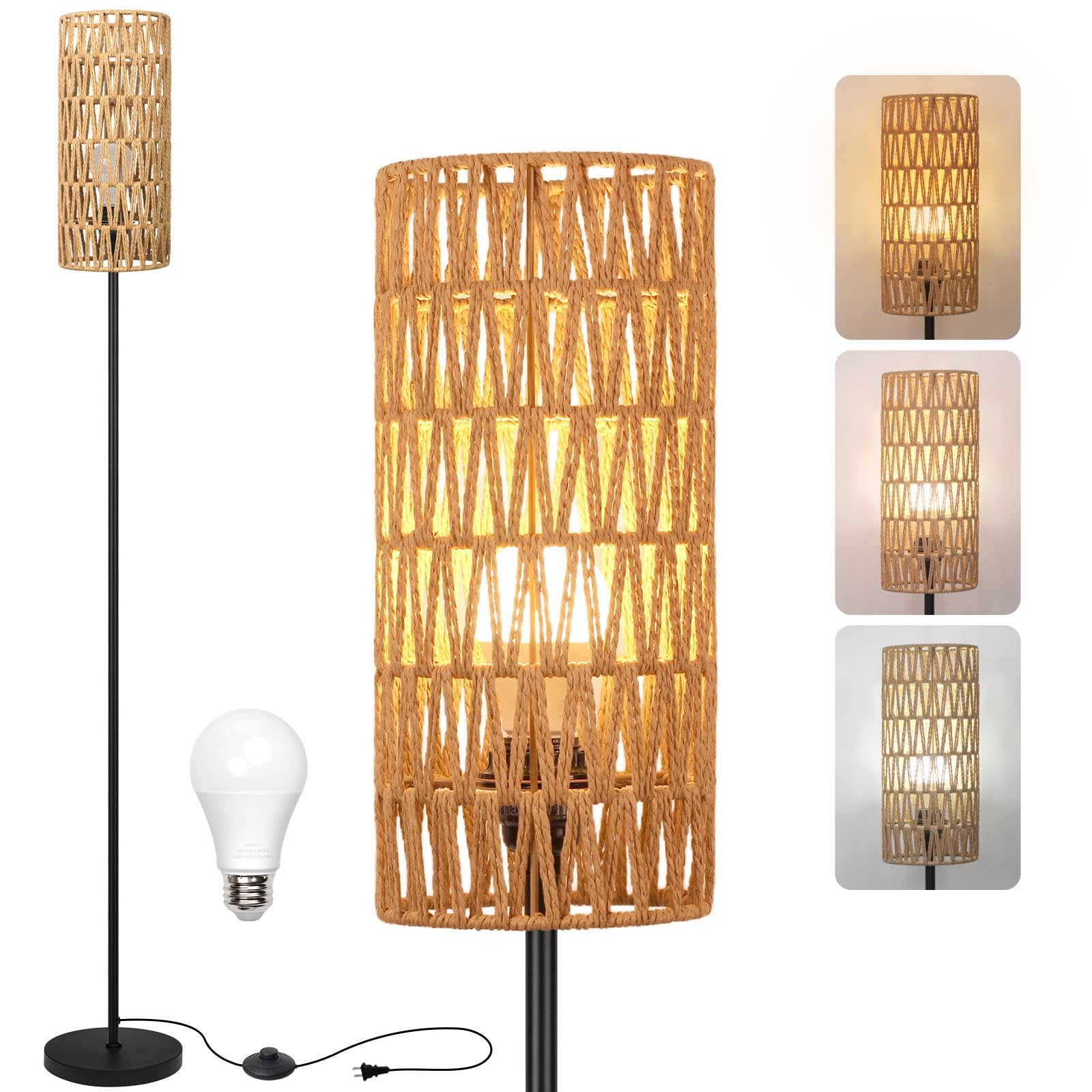 Floor Lamp for Living Room,Farmhouse Rattan Floor lamp,Modern Standing lamp with 3 Color LED Bulb,Black Tall Lamp with Foot Switch