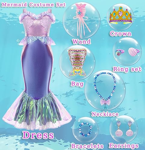 Miniatura 2 de Disfraz de princesa sirena para niñas pequeñas, disfraz de Ariel con accesorios, fiesta de cumpleaños, Halloween para niños