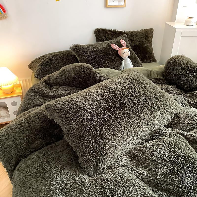 Miniatura 3 de chovy Juego de edredón de felpa de pelo sintético color verde negruzco, tamaño King, ultra suave, lanudo de franela aterciopelada, esponjoso, juego