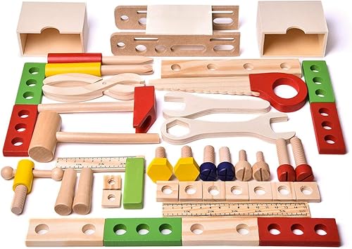 Miniatura 5 de Fun Little Toys Caja de herramientas de madera maciza educativo construcción Playset martillo Llave Role Play Set43Pcs