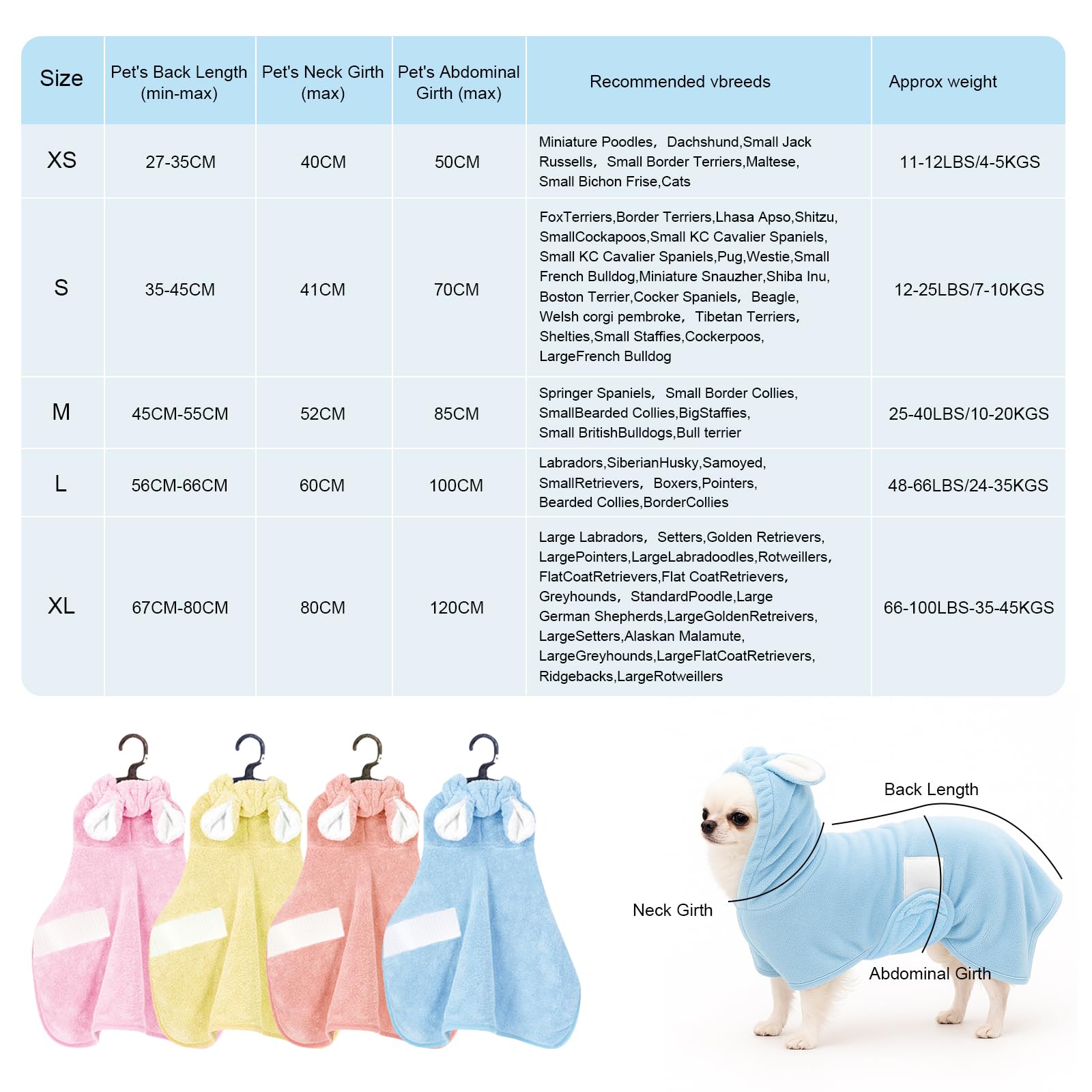 Fnaobai Pet Bathrobe Towel Dog Cat Drying Coat Super Absorbent Cute Dogs Bath Towel Hooded Robe Adjustable Collar & Belly Strap for XSmall to XLarge Pets (Blue - Image 2
