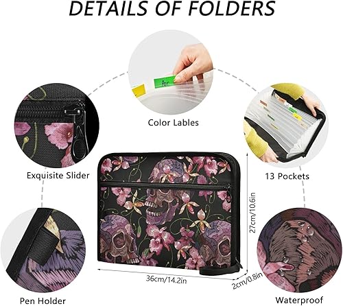 Miniatura 3 de Carpeta organizadora de archivos de calavera bordada, 13 bolsillos, tamaño A4, tamaño carta, expansibles, con cierre de cremallera, carpeta de