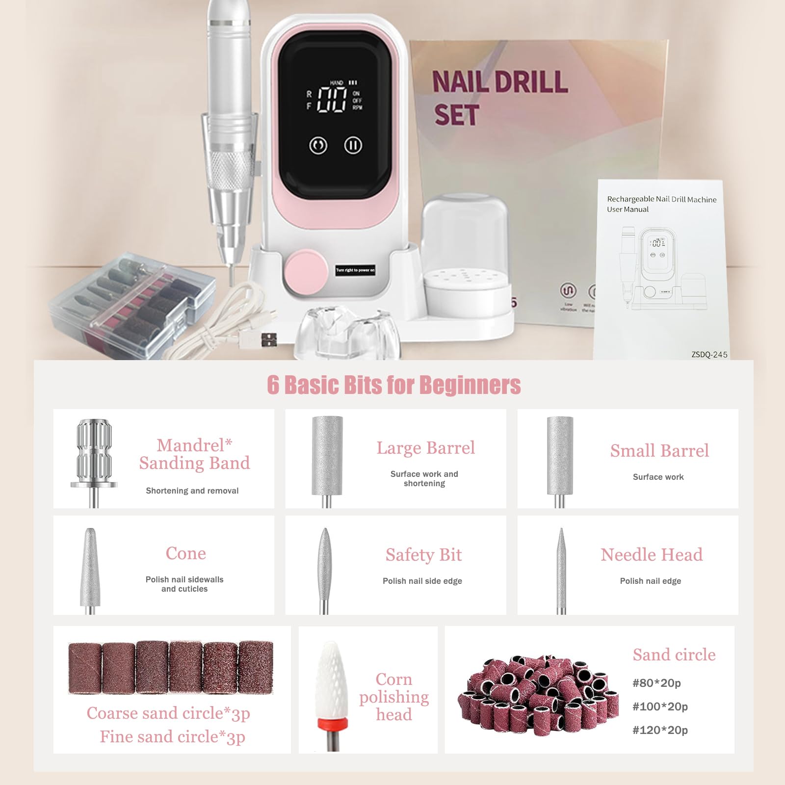 Taladro de uñas eléctrico portátil, lima de uñas eléctrica profesional de 35000 rpm, taladro de uñas inalámbrico con brocas y base (blanco y rosa)