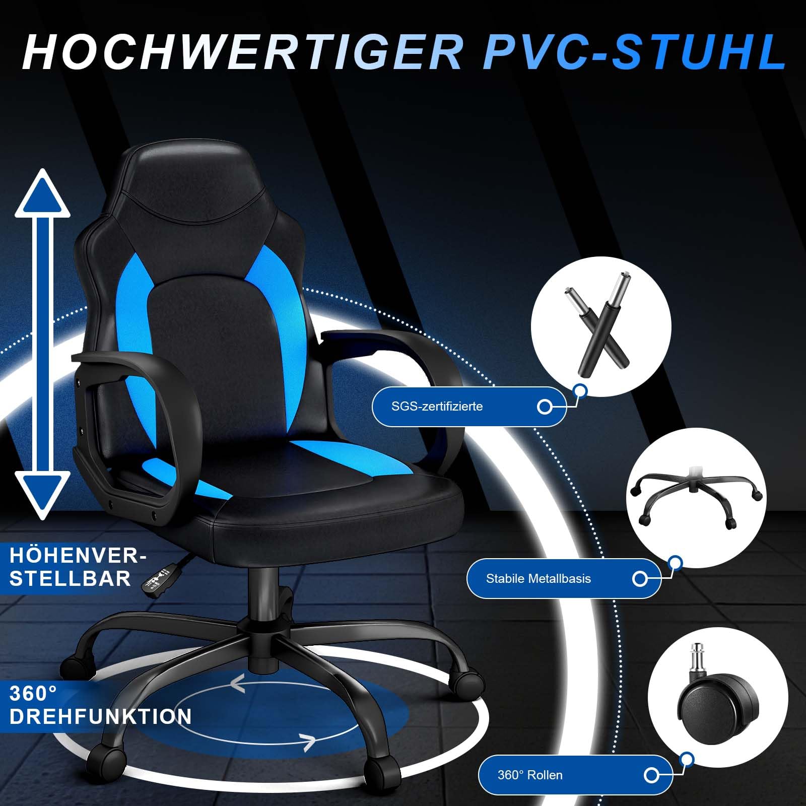 AnyGod Bürostuhl Höhenverstellbar mit Ergonomischer Rückenlehne, Drehstuhl aus Kunstleder für Homeoffice und Gaming, 360° Drehfunktion, Belastbar bis 136 kg