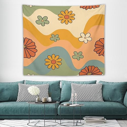 Miniatura 3 de ZhiRain Tapiz floral retro de los años 70 para colgar en la pared, tapiz hippie con estampado de ondas y flores, decoración del hogar para sala de