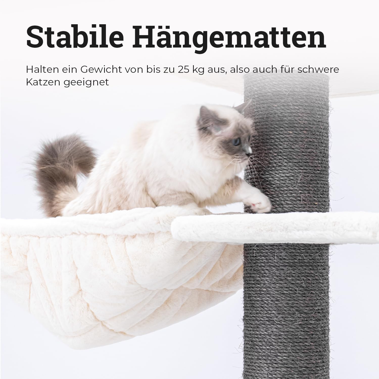 Petrebels XXL Kratzbaum Grosse Katzen Stabil Lookout 198 cm, Off-White | für Maine Coon & große Katzen, Ø 15 cm dicke Stämme, mit XL Hängematten, Schlafhöhle, Loungesofa & extra dicke Bodenplatte