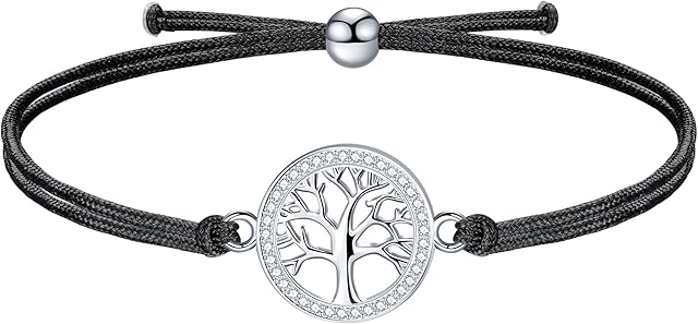J.Endéar Tree of Life Bracelet Valentine's Day Jewelry 925 Sterling Silver Zircon Round Charm Handmade Cord Bracelet Love Birthday Gift for Women Girl