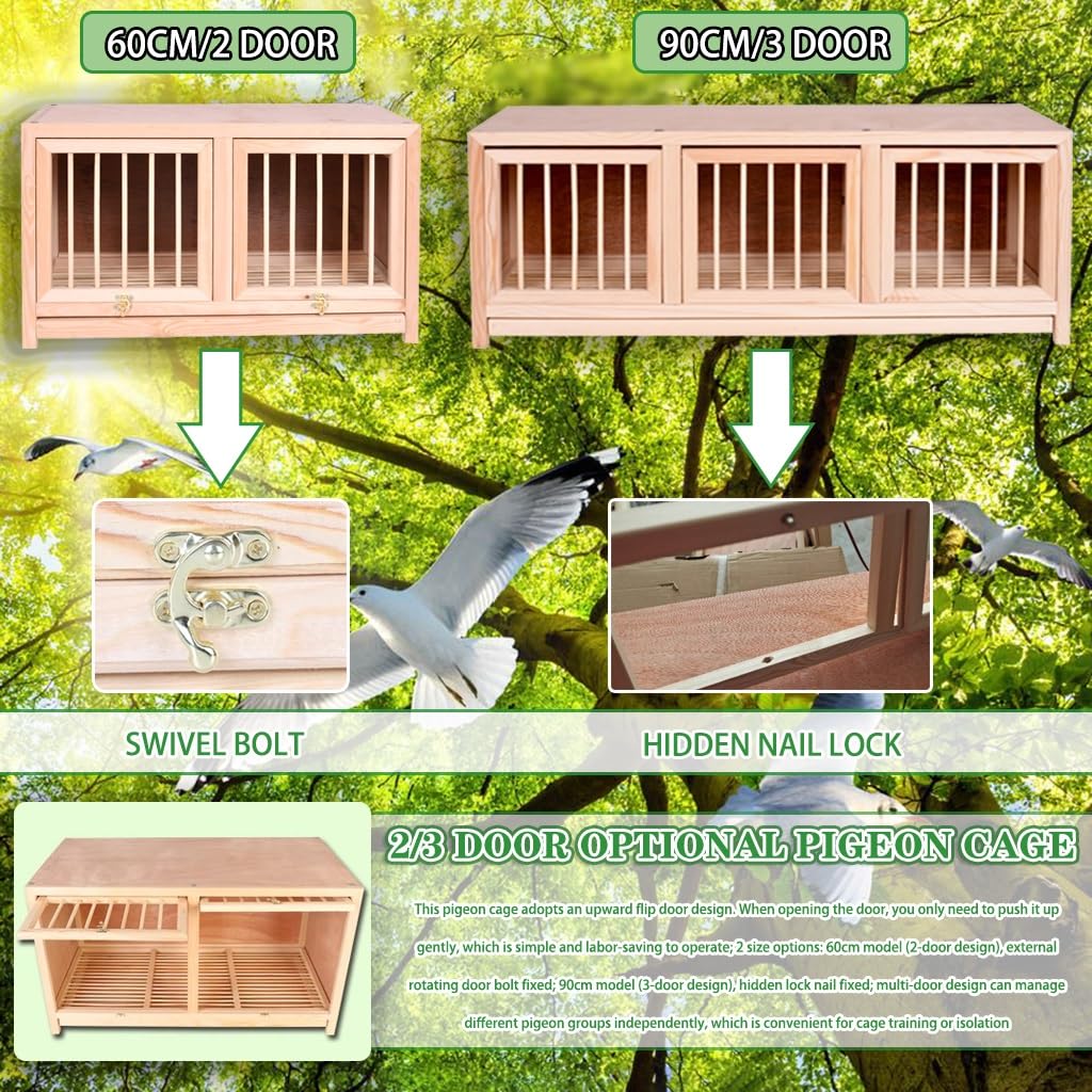 Jaula Profesional para Palomas mensajeras – 2/3 Puertas Opcionales, apilable con Bandeja extraíble para estiércol, fácil Montaje, Nido Exterior (Natural, 3 Unidades, 60x30x35cm)