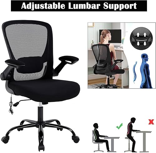 Miniatura 4 de Silla de oficina en casa, silla de escritorio ergonómica, silla de computadora de malla con brazos abatibles, altura ajustable, respaldo medio,