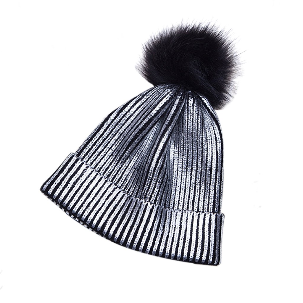 Loair Women Girls Winter Warm Hat - Metallic Shiny Knitted Crochet Beanie Hat with Pom Pom