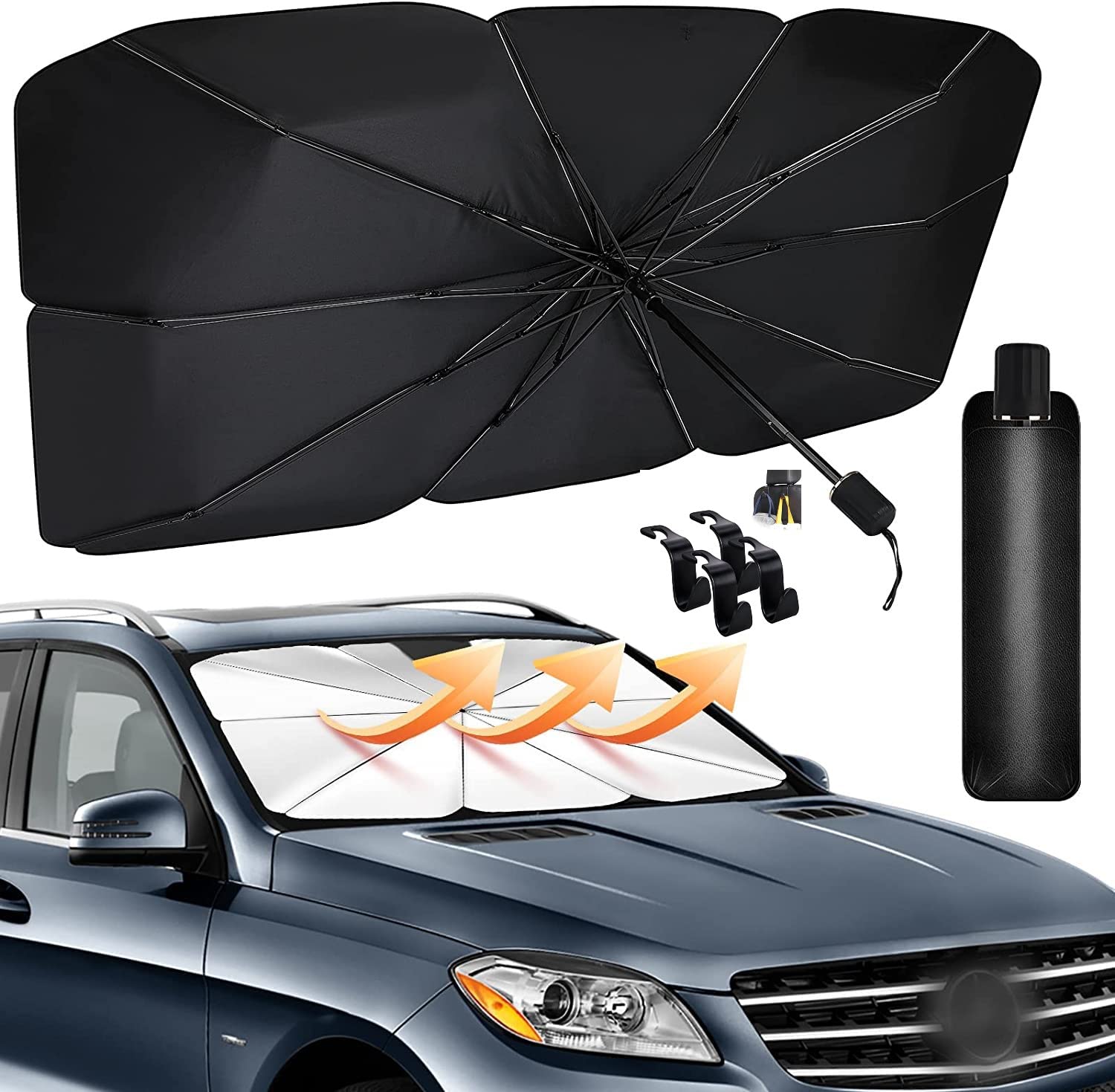 M&I Car Sun Shade for Windshield, Reflective Car shade blocks Heat and UV Rays and Keeps your Vehicle Cool. Our Car Umbrella is 31 x 51 inches which Fits to most Windscreen With 4 Back Seats Hooks.