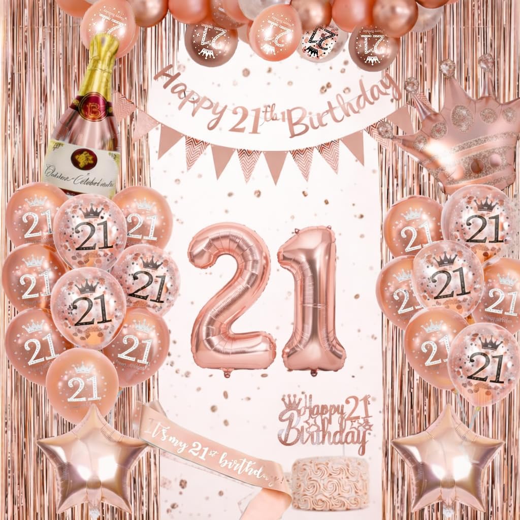 Rose Gold 21st Birthday Decoration for Her - Happy 21st Birthday Banner, Triangle Flag Banner, Number 21 Balloons, Foil Curtains for Party Decorations.
