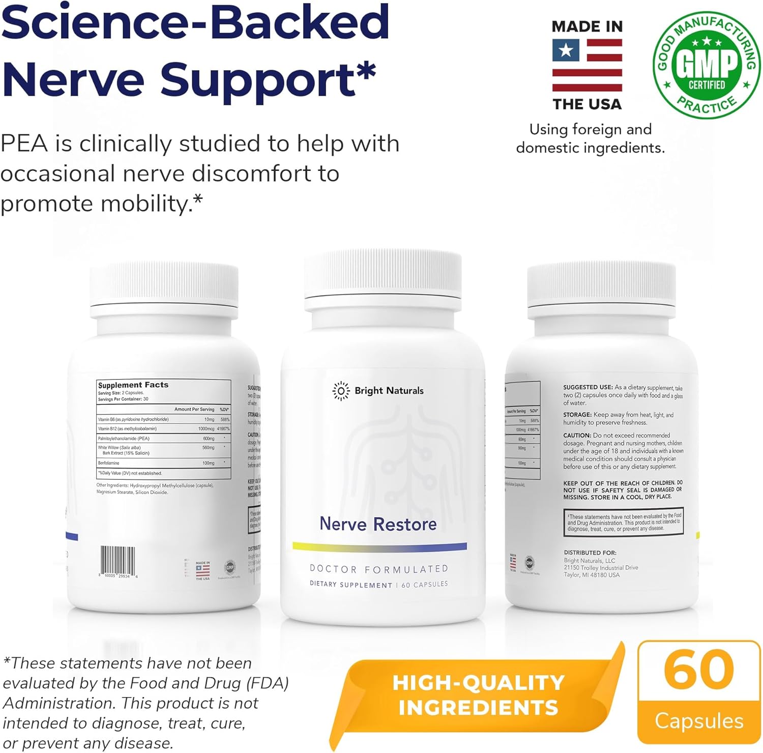 Nerve Restore - Nerve Support Supplement - Includes Pea, White Willow, and B-Vitamin Nerve Support Complex for Advanced Nerve Health Support - Made in The USA, 180 Capsules - Image 4
