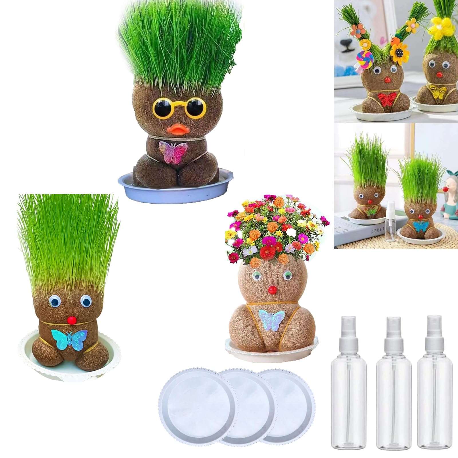 LXCJZY Grass Head Doll, Grass Head Plant Growing in Mini Bonsai Pot, Cat Grass Doll, Cultivate Children’s Planting Ability, Plant with Trays & Spray Bottles (Glasses + Long Grass + Flowering Doll)