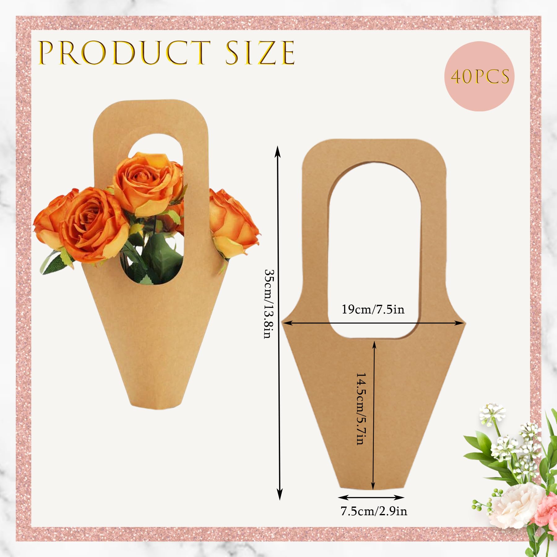 40pcs Kraft Paper Flowers Gift Bags Bouquets Bags with Handle