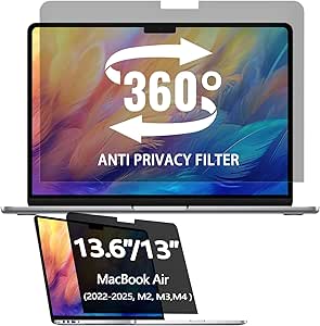 Halloive 360° Privacy Screen Protector for Macbook Air 13.6/13 Inch (2022-2025, M2, M3，M4), Privacy Screen Filter for Macbook Air 13.6 Inch, Anti-Spy/Anti Fingerprint/Anti Blue Light/Anti Glare