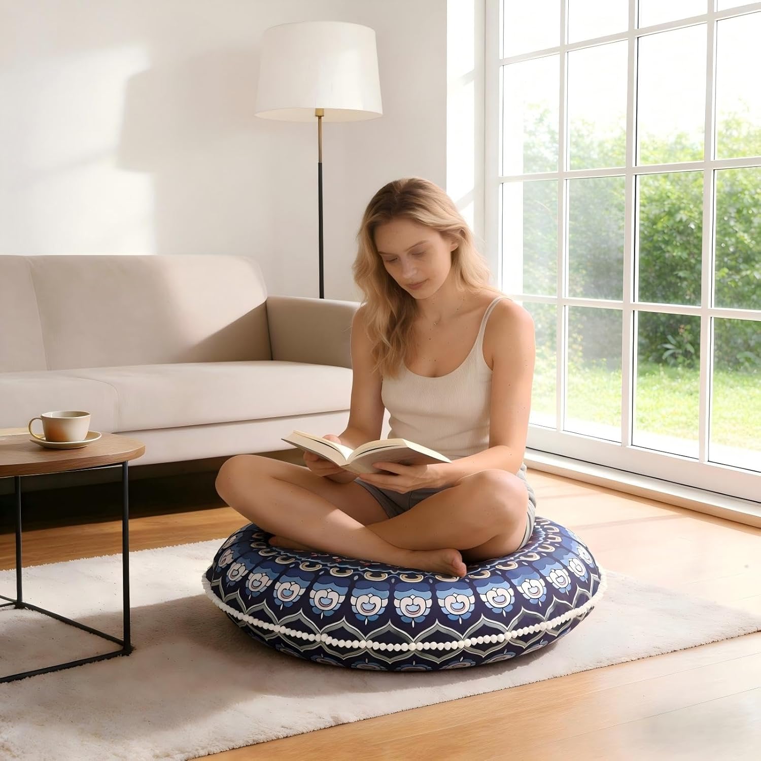 32 Inch Round Floor Pillow for Adults, Large Thick Memory Foam Boho Mandala Meditation Floor Seating Cushion, Machine Washable for Living Room Outdoor Yoga Floor Sitting, Navy Blue