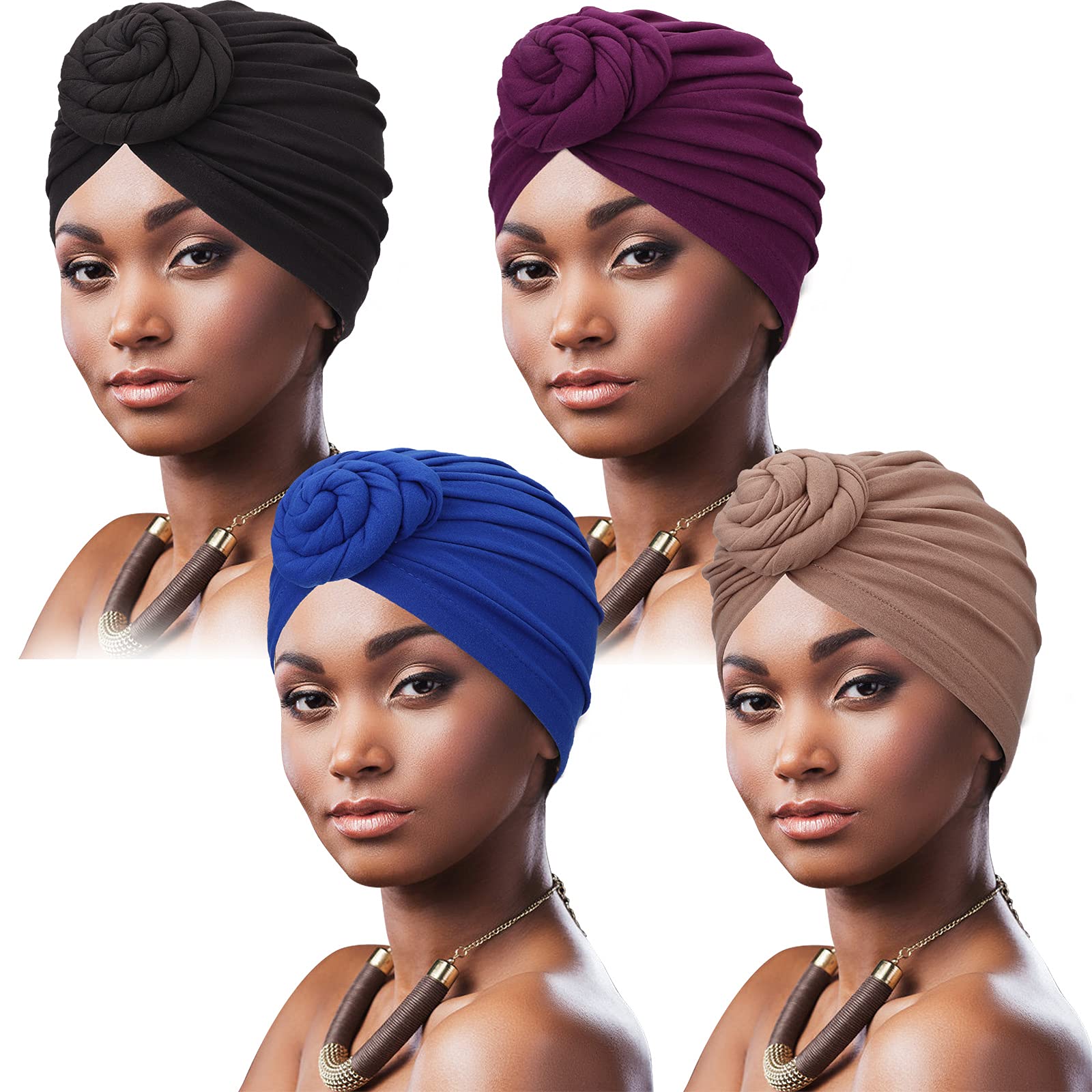 DRESHOW 4 Pack Women Turban African Pattern Knot Headwrap Beanie Pre-Tied Bonnet Chemo Cap Hair Loss Hat