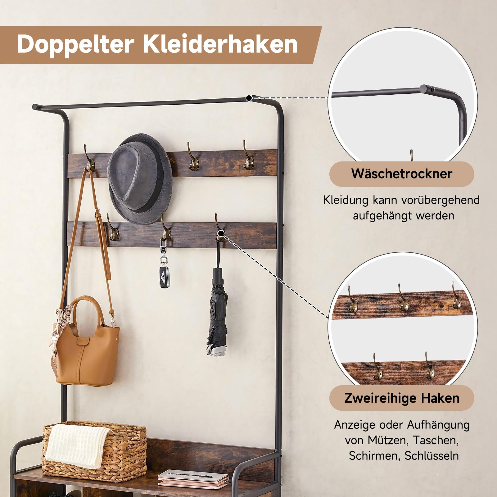 HAUSPROFI Garderobe mit Schuhablage, Kleiderstange, 7 Haken, 9 offenen Ablagen, Industriedesign, für Eingangsbereiche und Flure, Retrobraun, 78,7 x 29,2 x 180,3 cm (L x B x H)