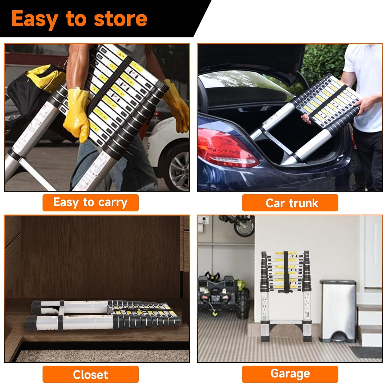 15.5FT Telescoping Ladder, Aluminum Extension Ladder with Hooks & 2 Triangle Stabilizers, 330lbs Capacity Non-Slip Feet Telescopic Collapsible Ladder for Home, Outdoor Work, Silvery