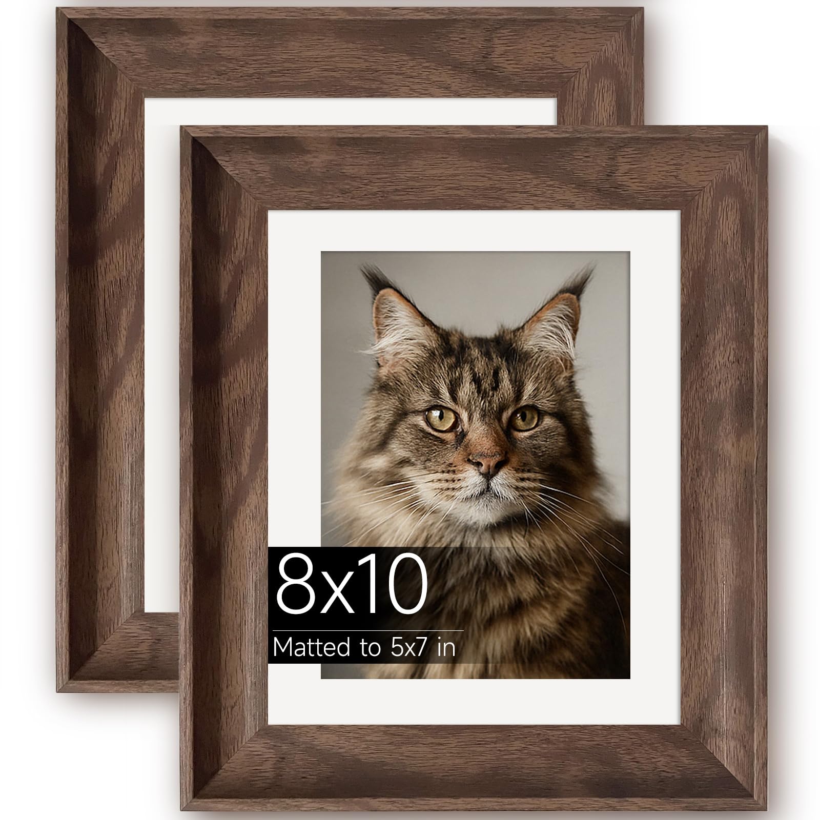 KoyanKo 8x10 Picture Frame Set of 2, Woodgrain Style Display Pictures Frames 5x7 with Mat or 8x10 Picture Frames Without Mat, Wall Hanging Display or Tabletop Photo Frames, Brown Coffee