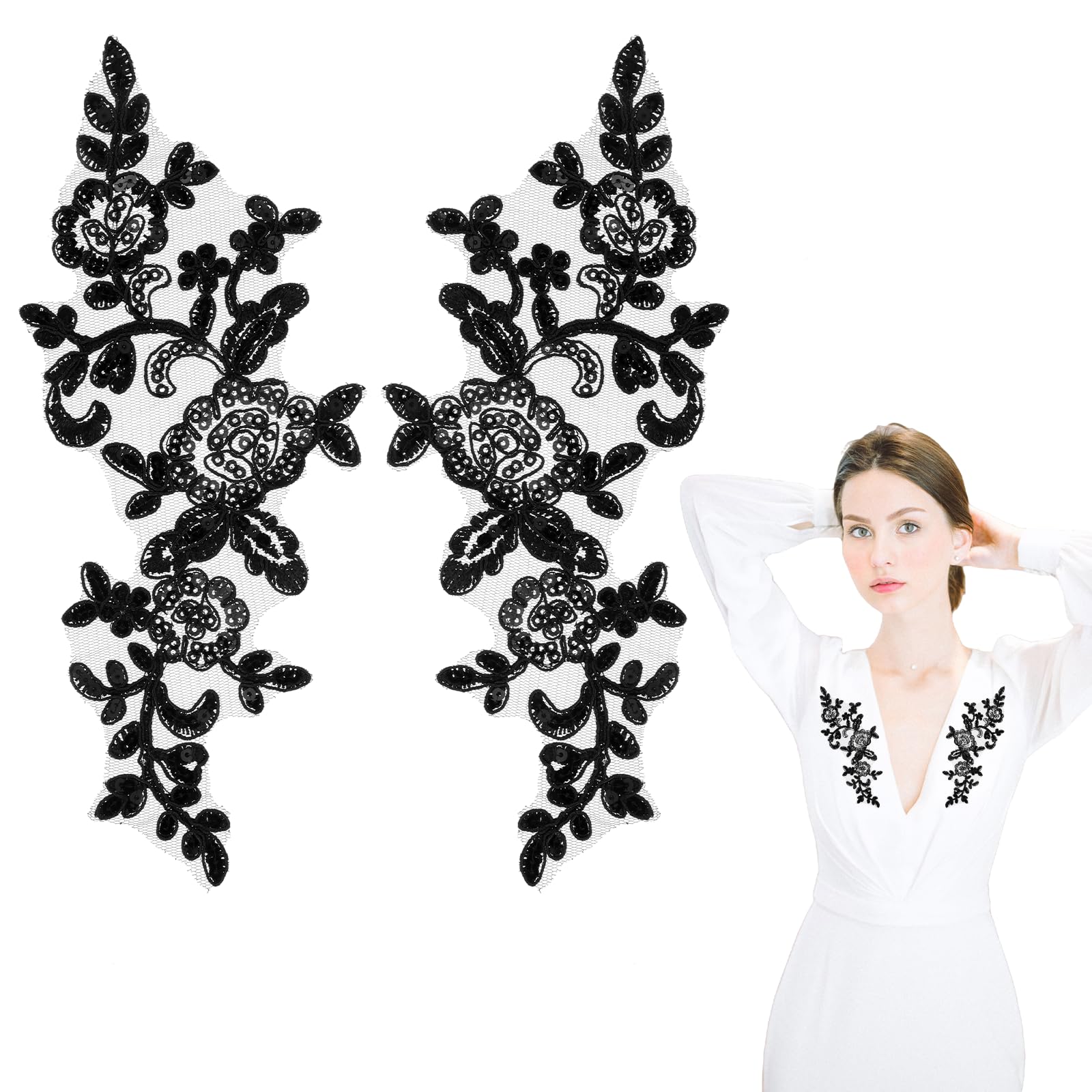 Black Lace Applique, 2 Pcs Sequin Appliques Embellishments Floral Applique Patches Embroidered Sewing Applique Motif Decoration for DIY Crafts Wedding Gown Dress Costume