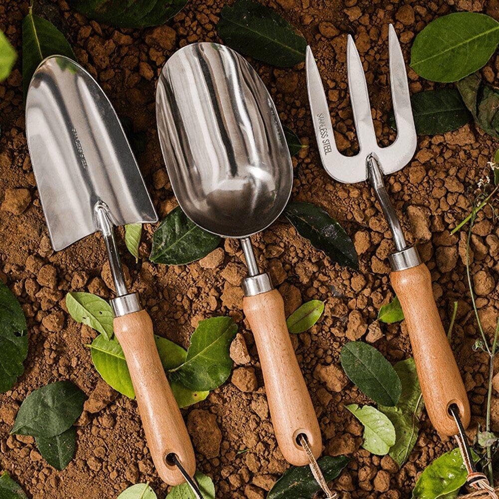 Hrippy 3 Pezzi Kit di Attrezzi Giardinaggio, Utensili Bonsai Rastrellati Giardino Impostare Manico in Legno per Fiori in