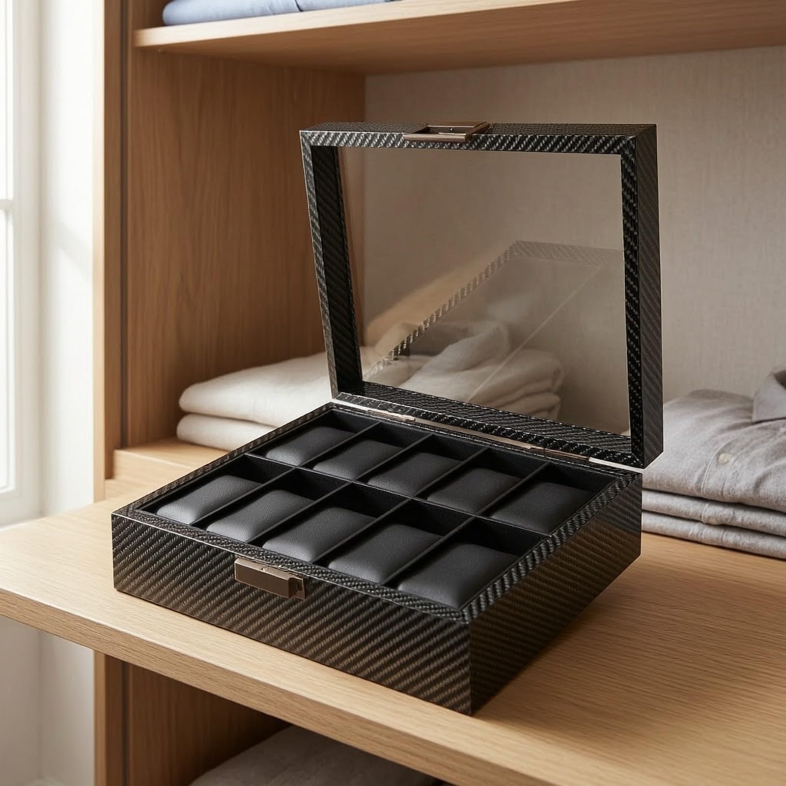 Amagogo Scatola per 10 Orologi Resistente Spazioso, Rettangolare, Scatola per Orologi con Coperchio Incernierato, Comò, Collezionisti,