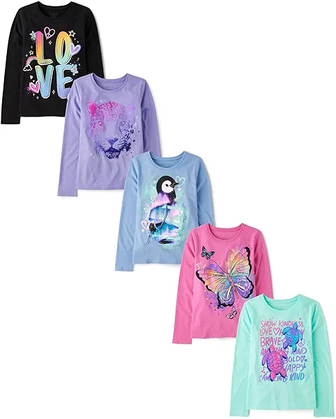 The Children's Place Girls' Unicorns,Sports,Butterflies Long Sleeve Graphic T-Shirts,5 Pack