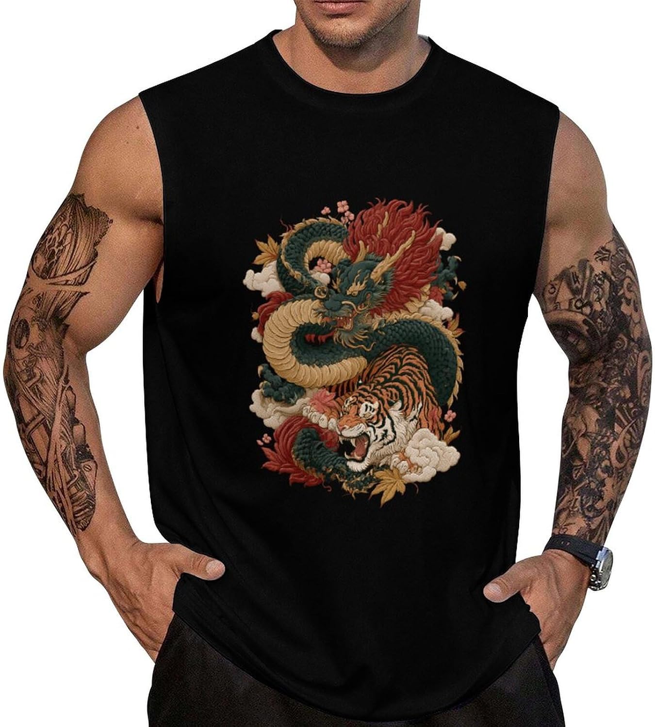 Dragon and Tiger Men Summer Sleeveless Crew Neck Top 5XL