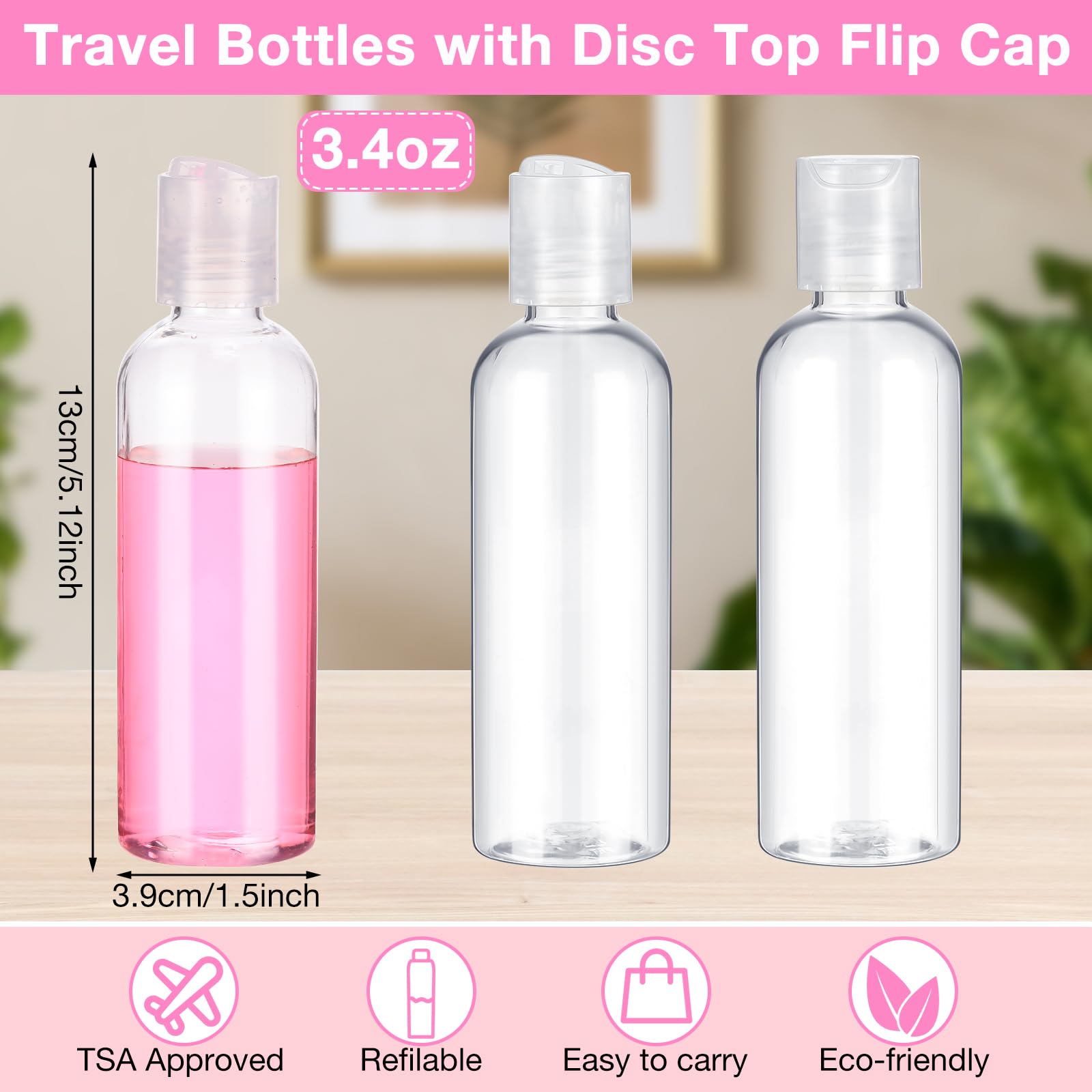 Roshtia 50 Pcs 3.4 oz Plastic Travel Bottles with Disc Caps Empty Clear Travel Size Containers Leak Proof Squeeze Toiletry Bottles for Shampoo Toiletries Lotion Conditioner Accessories
