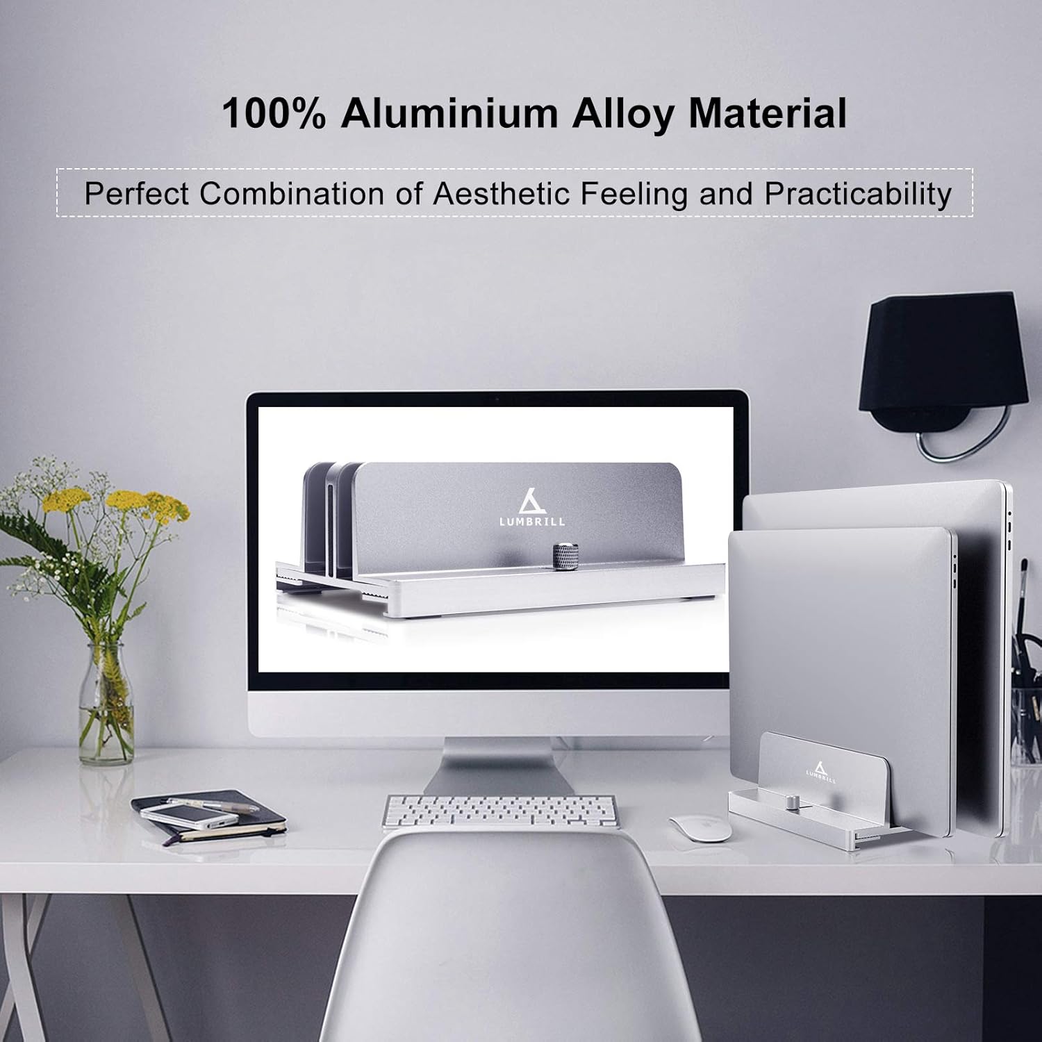 Vertical Laptop Stand, Double Aluminum Alloy Desk Holder Space-Saving Stand Compatible with iPad Pro/MacBook Air/MacBook Pro/Surface Pro and Other Laptop Notebook, Sliver