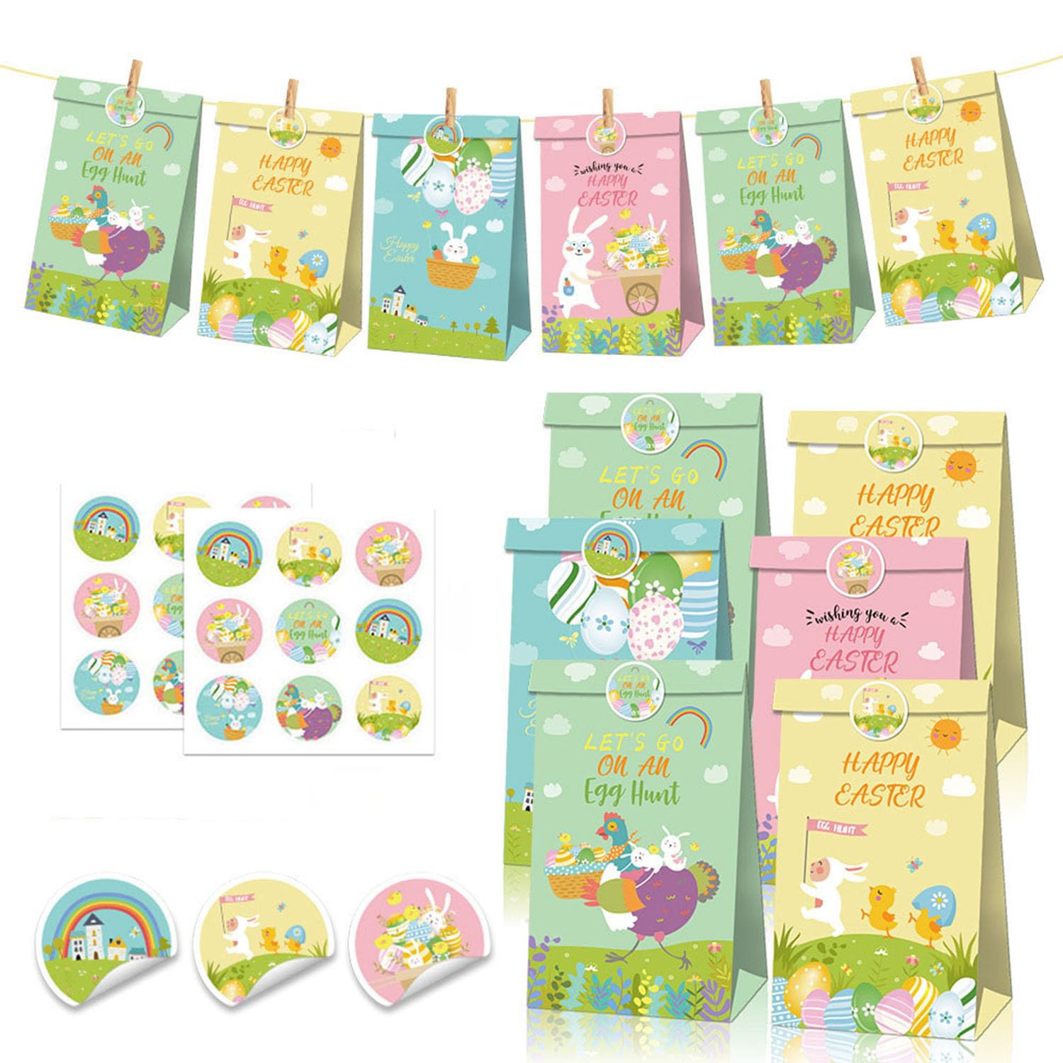 VstarOne 12 PCS Easter Goodie Bag Treat Bags with 18 Pcs Stickers Egg Bunny Chick Candy Goodies Bags for Spring Wedding Birthday Classrooms Holiday