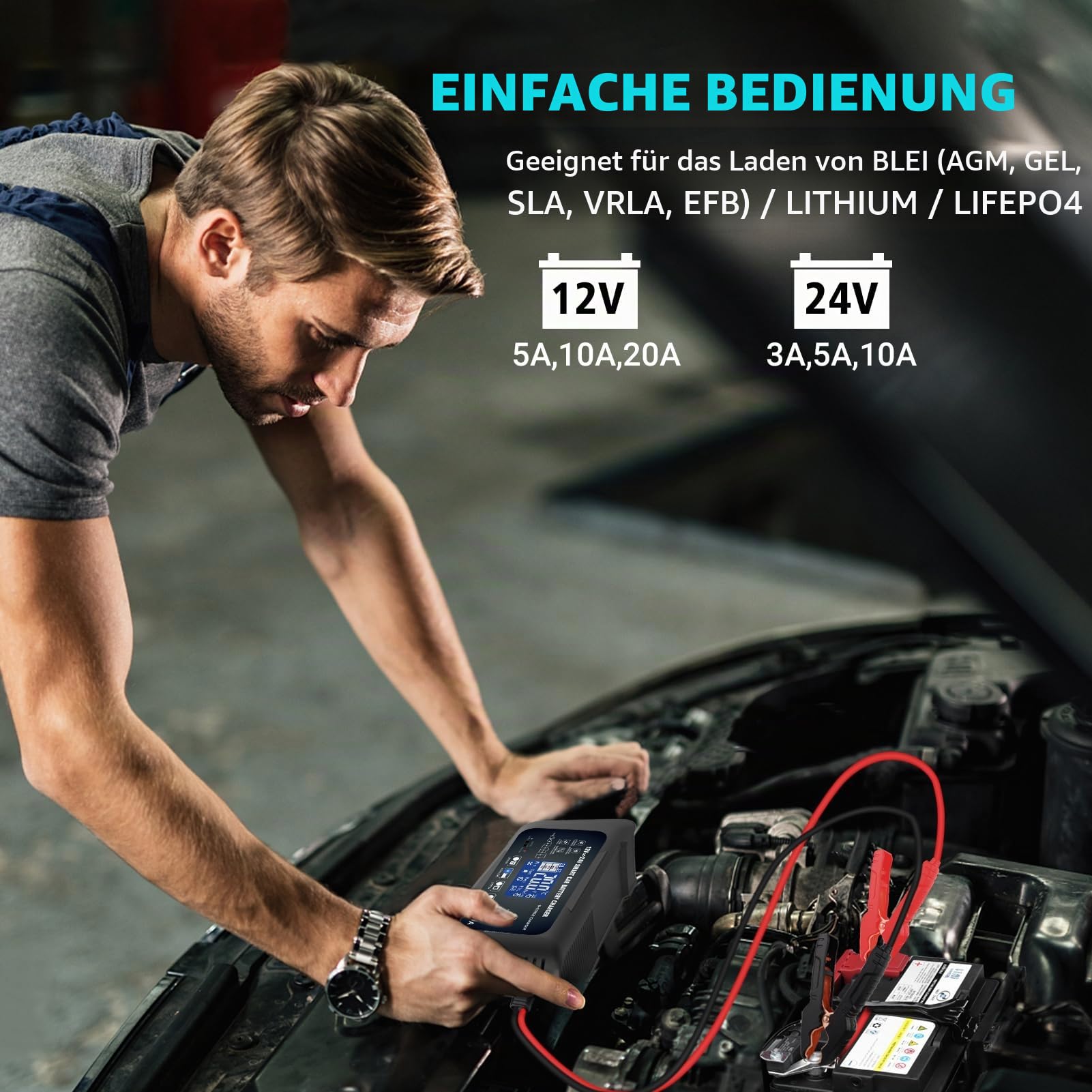 Haisito 20A Autobatterieladegerät, 12V 24V 20A, Erhaltungsladegerät und Entschwefelungsgerät, geeignet für Lithium, LiFePO4, Bleisäure (AGM, Gel usw.) Motorräder, Autos, Boote, Rasenmäher usw.