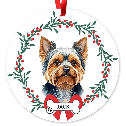 Personalized Yorkie Christmas Ornament, Custom Pet Name Ornament Gifts for Yorkshire Terrier Lovers Dog Xmas Tree Decor, 3.50 in Metal Ornament w/Glossy Finish (Yorkie-038)