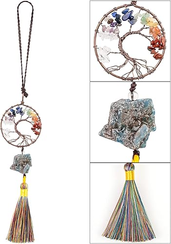 Miniatura 3 de rockcloud Adorno colgante de árbol de la vida de 7 chakras con borla de piedra cruda irregular para pared, coche, hogar, boda, boda, apatita azul