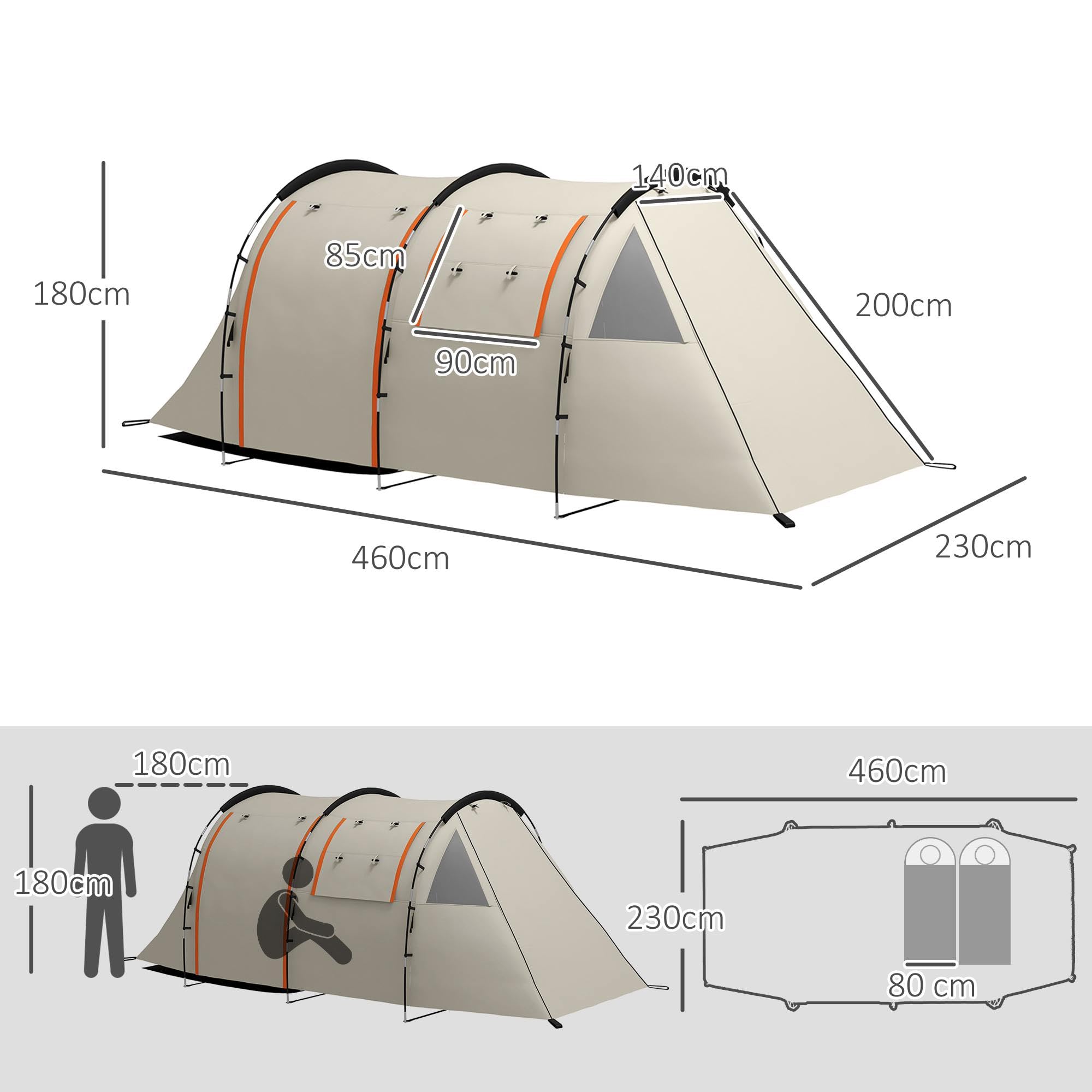 Outsunny Tenda Campeggio per 4-5 Persone con Copertura Impermeabile, Tenda a Tunnel Familiare con Borsa di Trasporto, Kaki
