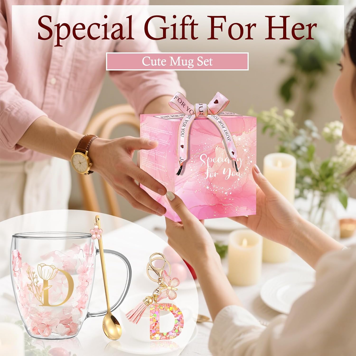 Friendship Gifts for Women Flower Glass Coffee Mug Cute Initial Tea cup Monogrammed Customized Bridesmaid Bride Wedding Gifts Valentine Mother's Day Christmas Gift for Her Mom Wife Sister Coworker (D) - Image 9