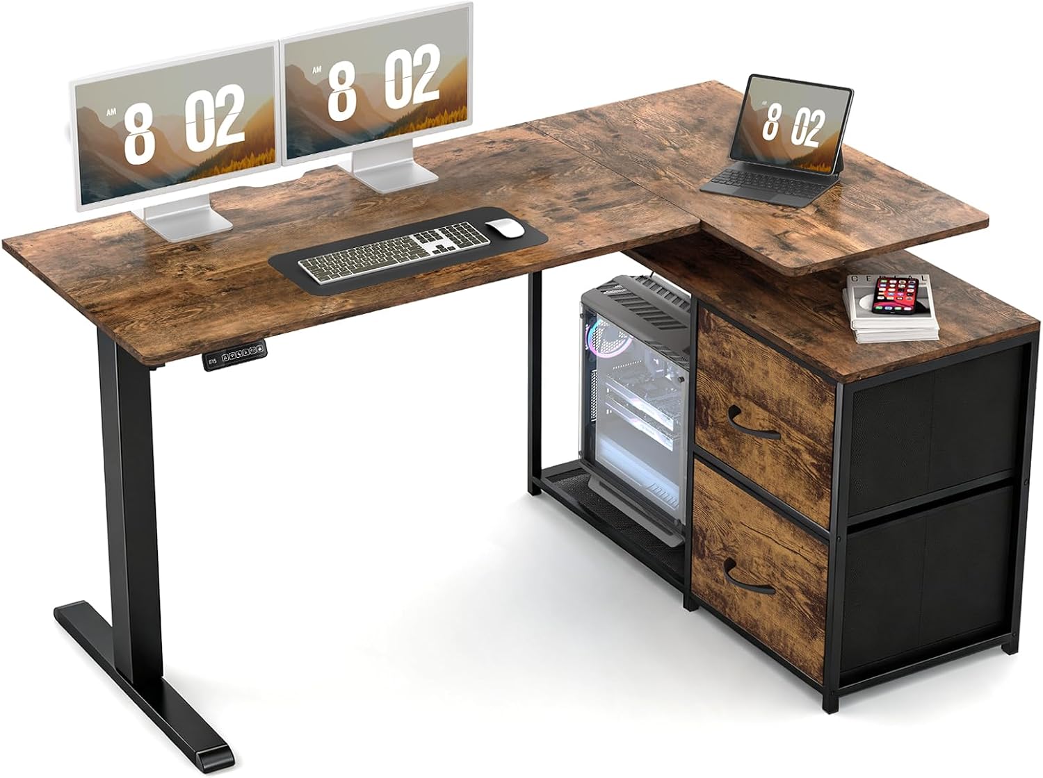 55″ Electric Standing Desk with Drawers, L-Shaped Vintage Brown Adjustable Height Corner Gaming Computer Desk for Home Office, Memory Preset, Stable Steel Frame, Power Outlet & USB-C Port