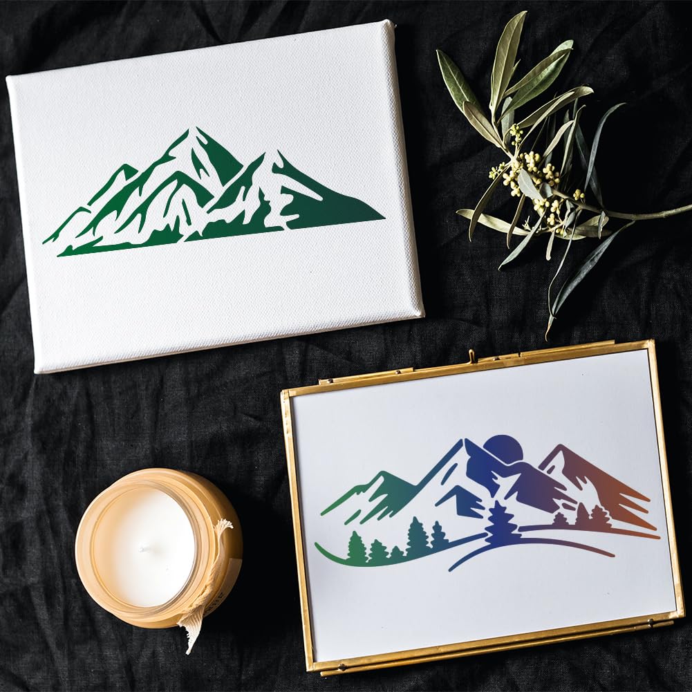 MAYJOYDIY 9 plantillas de montaña con diseño de lobo, 30 x 30/29,7 x 21 cm, plantillas reutilizables con pincel de pintura para manualidades en ventanas, madera, pared, decoración del hogar