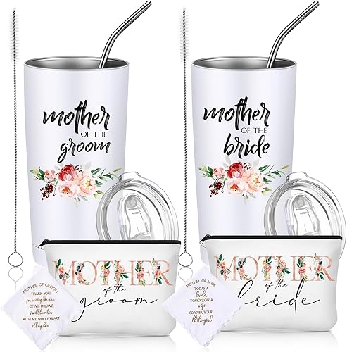 Paquete de 6 vasos para madre del novio de 20 onzas, para madre de la novia, regalos de boda, bolsa de maquillaje para madre de novia y novio, bolsa