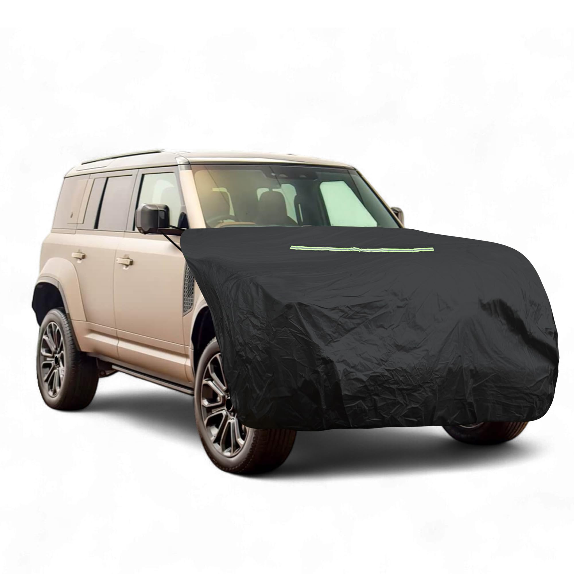 FUELHOOD SUV/オフロード車用 フロントカバー ボンネットカバー ブラック ヘッドライト黄ばみ防止 UVカット | Mサイズ、長さ198cm、裏起毛、雹対策、蛍光反射テープ、防風ロープ付き、収納袋付き、210Dシノケミカル棉素材、耐摩耗性、撥水加工、防水、防塵、耐傷、全天候プロテクション、簡単メンテナンス、コンパクト設計、軽量、折りたたみ可能、洗濯可能