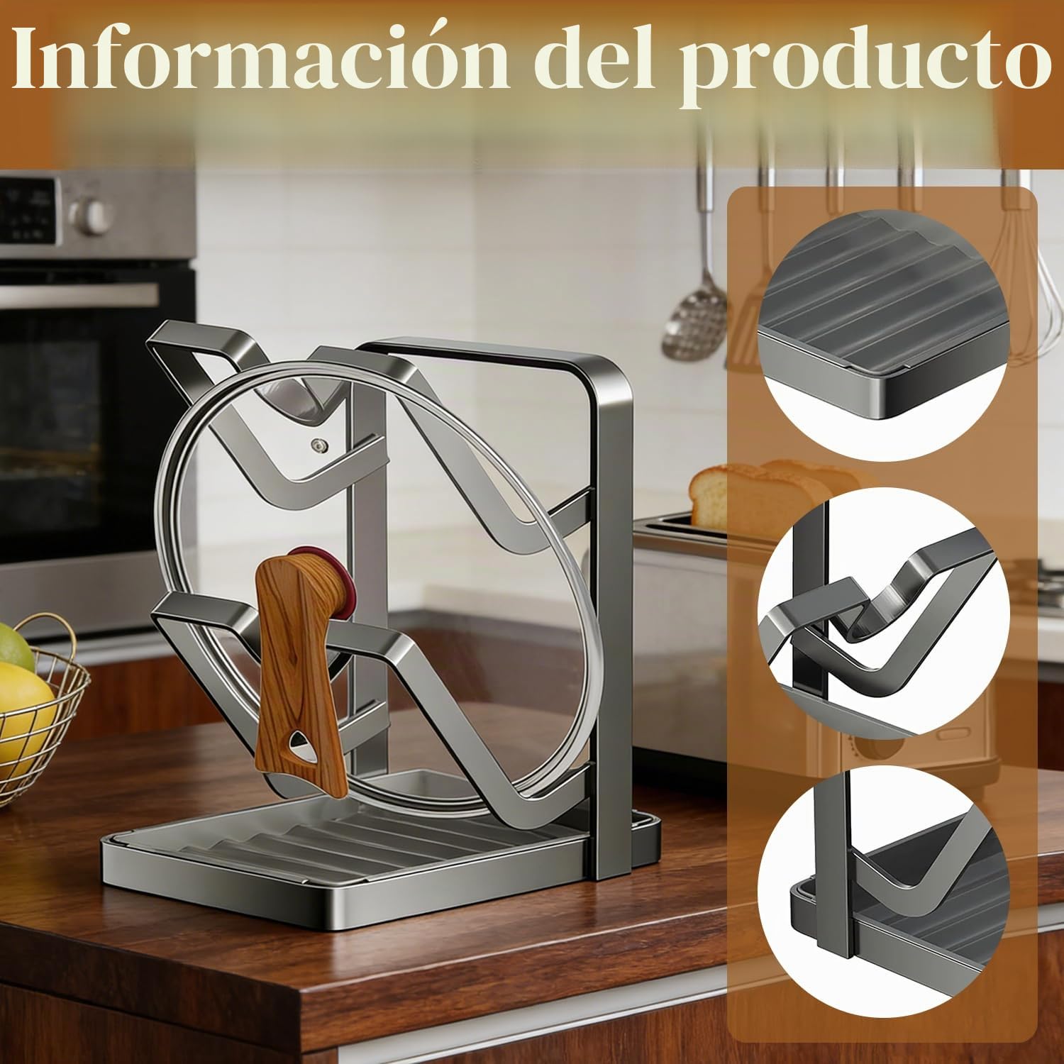 Organizador de tapa de olla con soporte, Organizador de tapa de olla con Bandeja Extraíble para Goteos, Soporte de tapa de olla de acero inoxidable de 2 capas, para cuchara para encimera de cocina