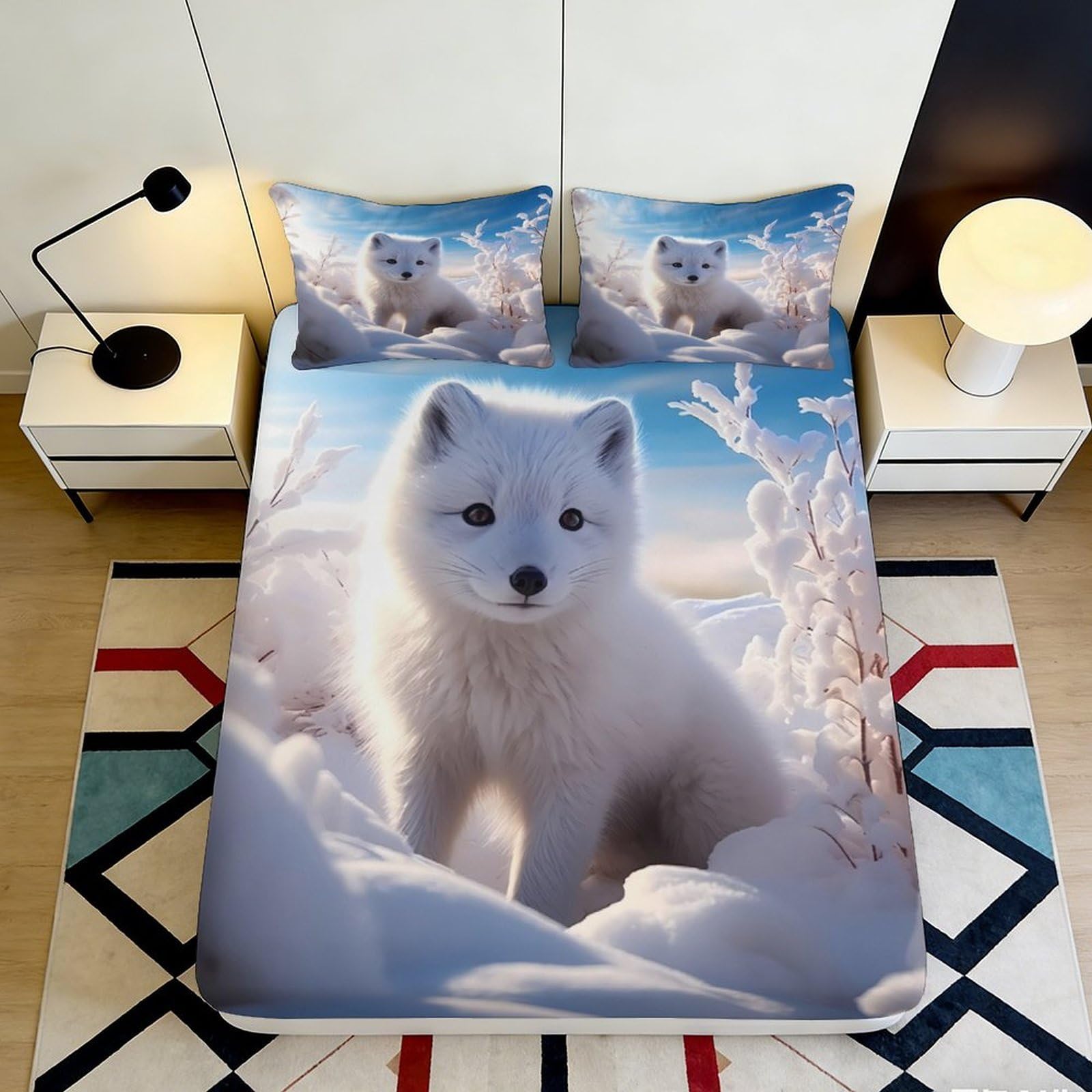 3D Printed Arctic Fox Fitted Sheet Microfiber Soft Breathable Snow Forest Bed Cover for Bedroom Guest Room Decor 90x200x25cm