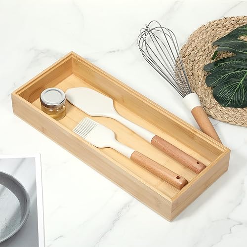 Miniatura 6 de Juego de 2 organizadores de cajones de bambú, apilables de 15 pulgadas, bandejas organizadoras de almacenamiento de madera individuales para cocina,