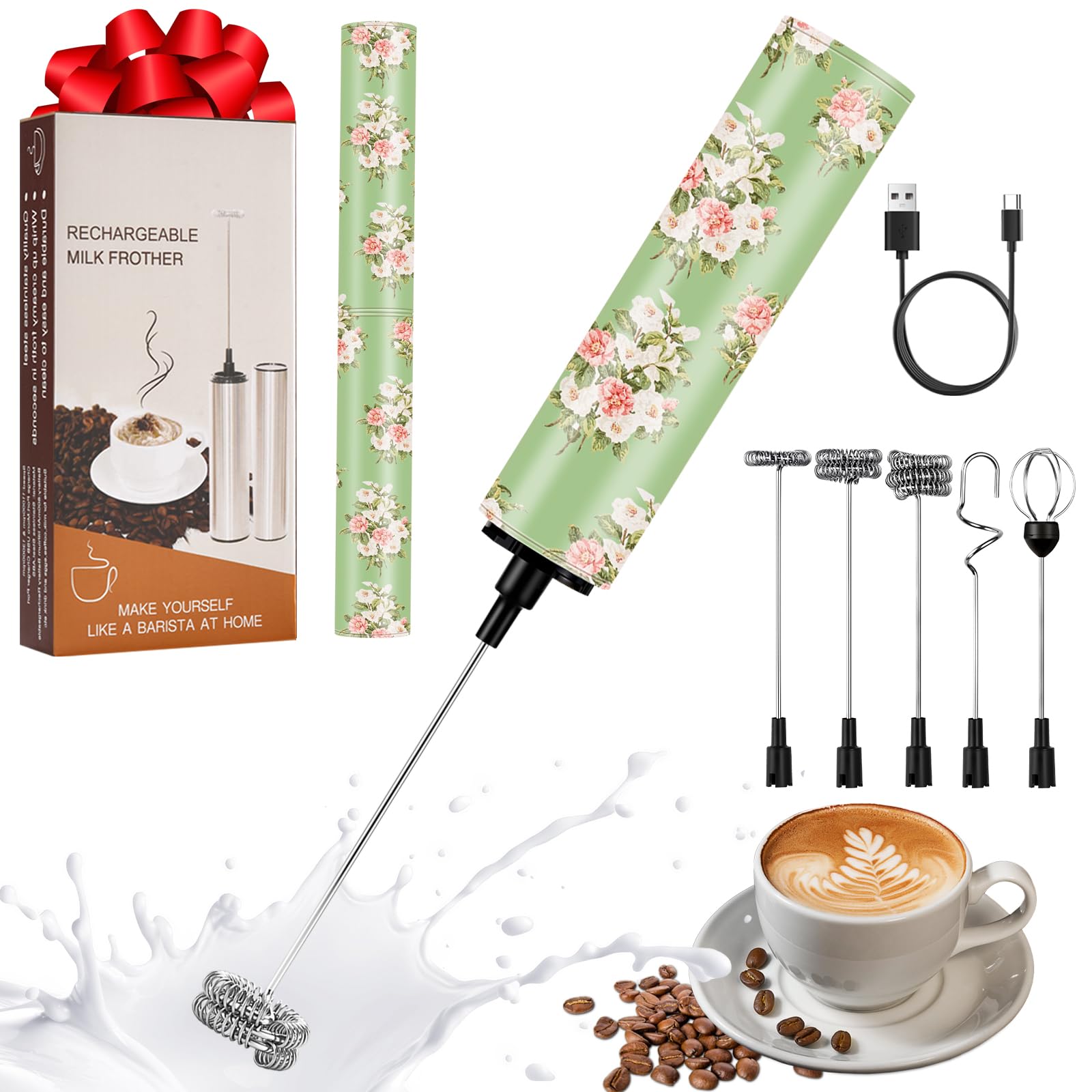 Milchschäumer Elektrisch USB-C mit 5 Wechselbaren Edelstahl-Schneebesen–2 Einstellbare Geschwindigkeiten (11.000/13.000 U/min), Wasserdichter Aufschäumer für Kaffee, Latte, Cappuccino, Matcha(Bunt 18)