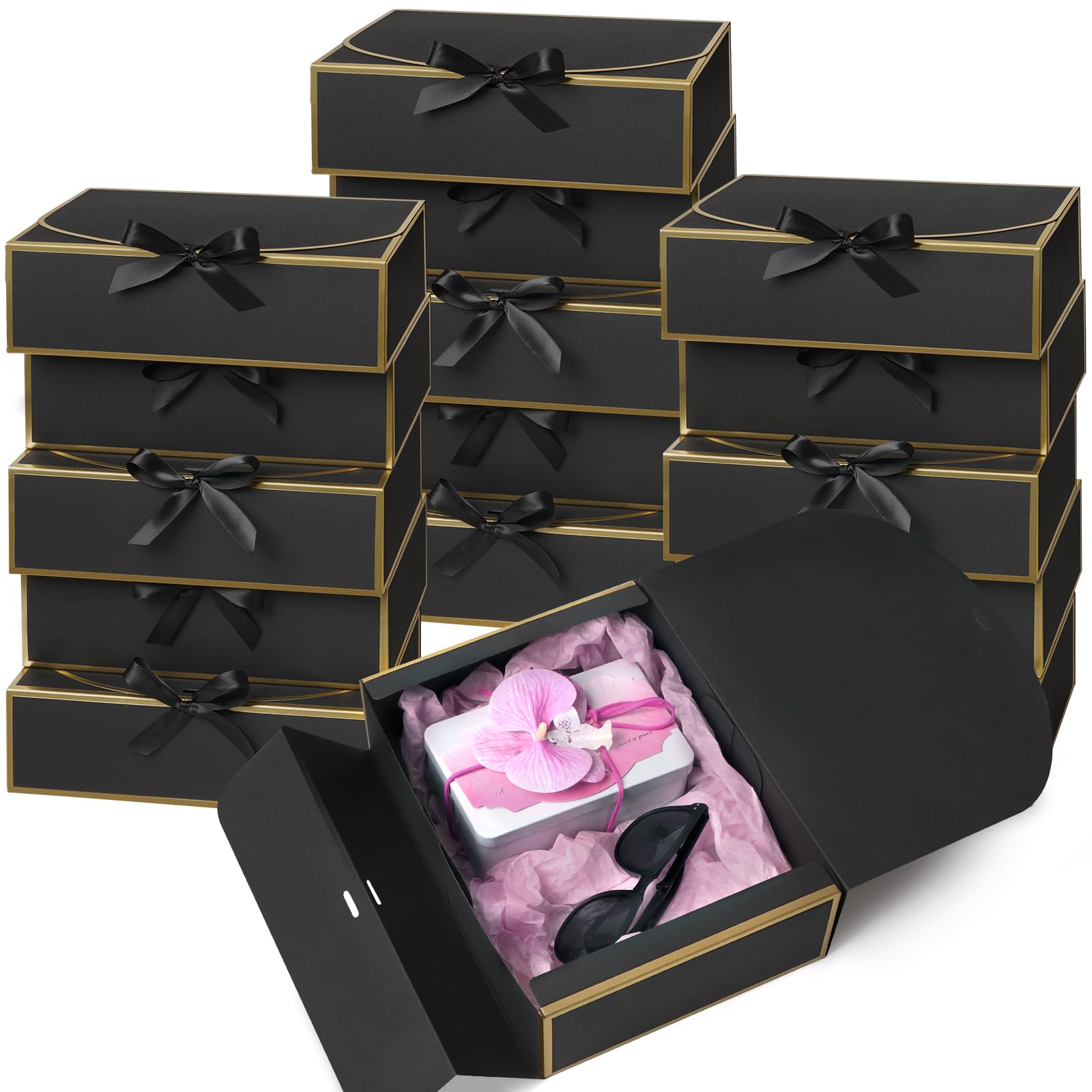 Kucoele 15 scatole regalo con coperchio, 26 x 19 x 7,8 cm, scatole regalo per damigella d'onore, scatole nere e dorate con nastri, per matrimoni, compleanni, lauree, confezione regalo