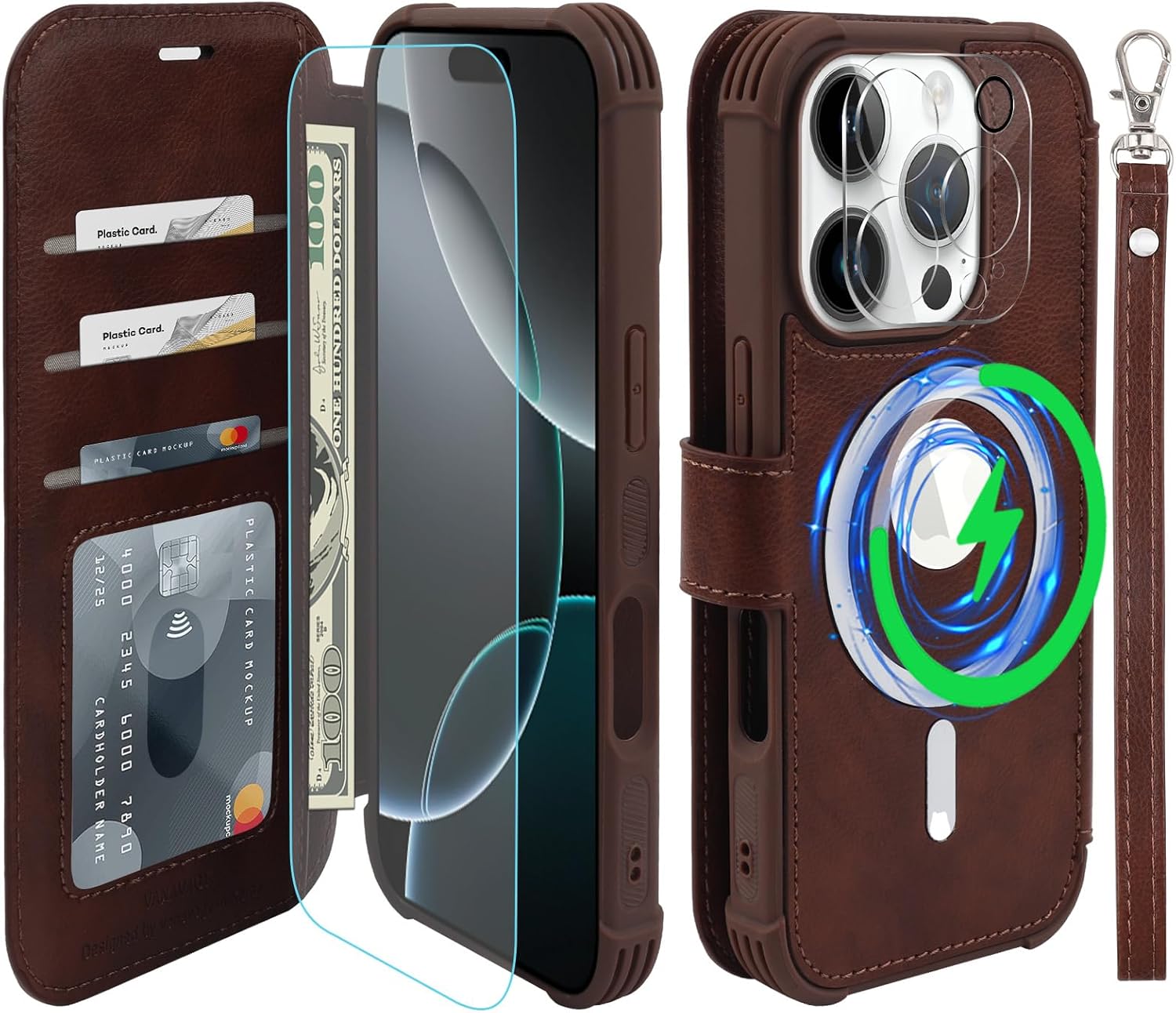 VANAVAGY Compatible for iPhone 16 Pro Max Wallet Case for Magsafe Wireless Charging, PU Leather Flip Case Wrist Strap [Screen Protector & Camera Lens Protector] with RFID Blocking Card Holder,Brown For iPhone 16 Pro Max(6.9inch) Brown