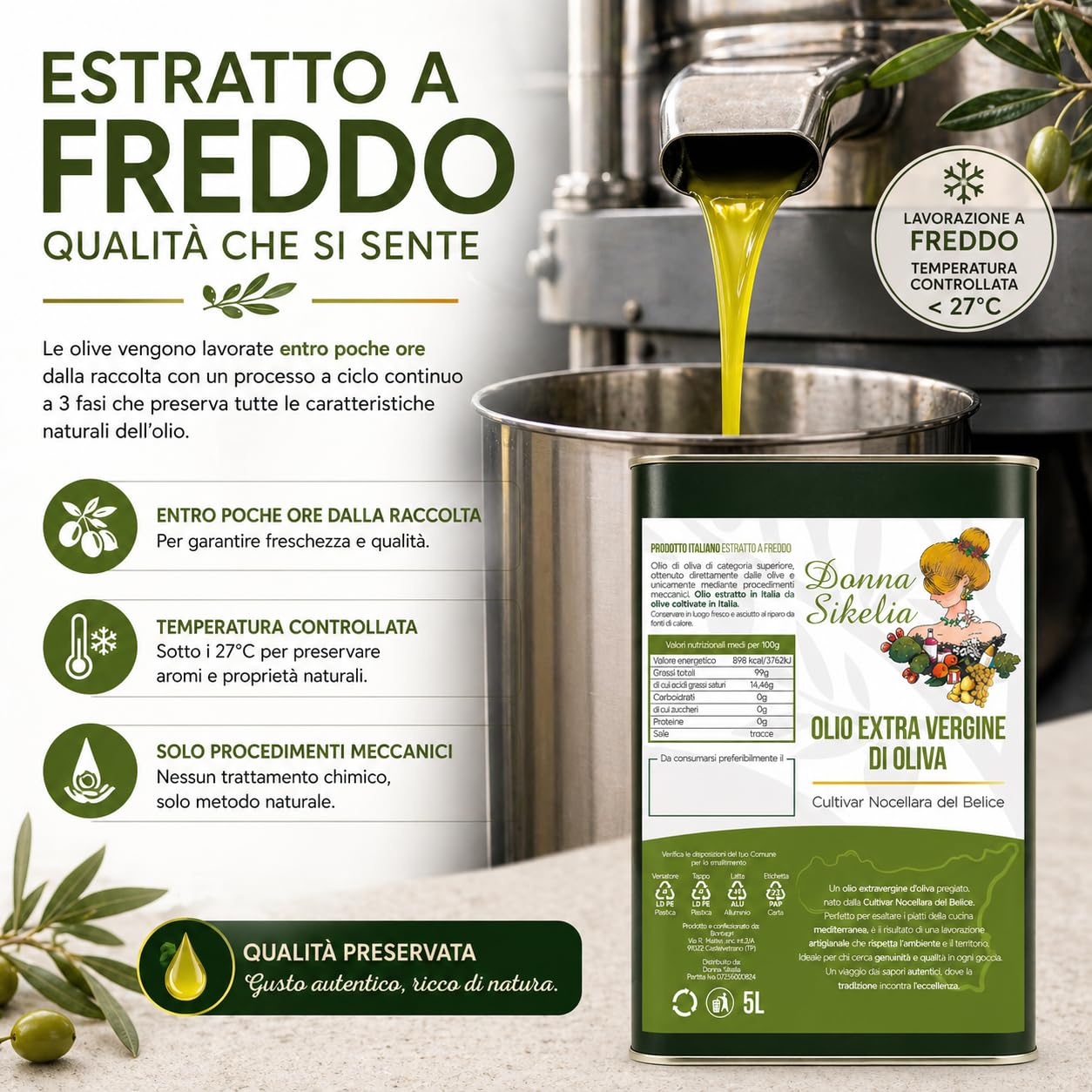 Donna Sikelia Olio Extravergine di Oliva 5L da Olive Cultivar Nocellara del Belice 100% Italiano Estratto a Freddo Fruttato Medio Lattina